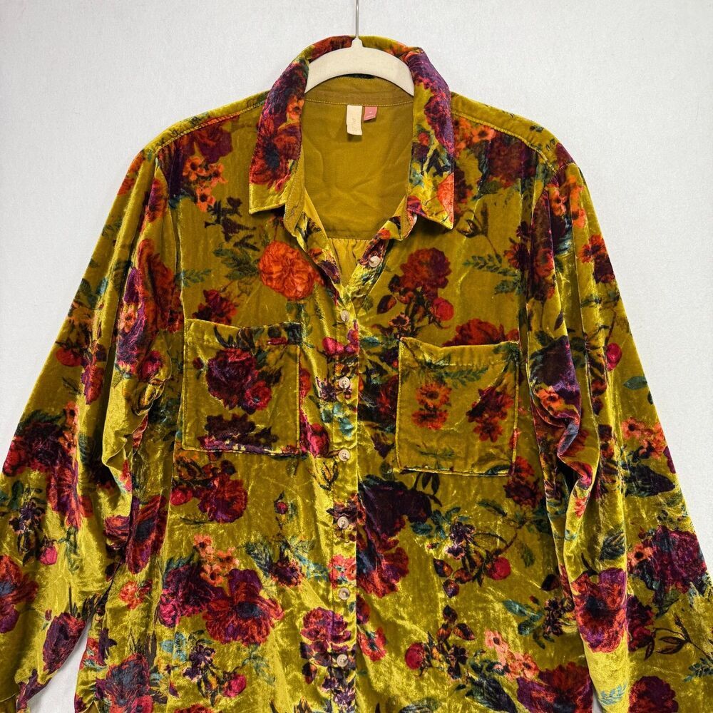 Pilcro Shirt Women M Green Floral Relaxed Velvet Button Down Romantic Academia - Picture 4 of 11